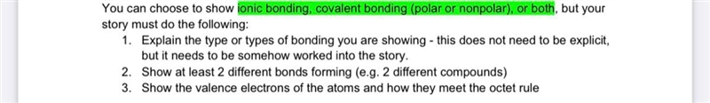 Bonding Story Mini Project You can choose to show ​ionic bonding, covalent bonding-example-1