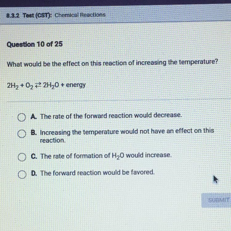 What would be the effect on this reaction of increasing the temperature? 2H + O —&gt-example-1