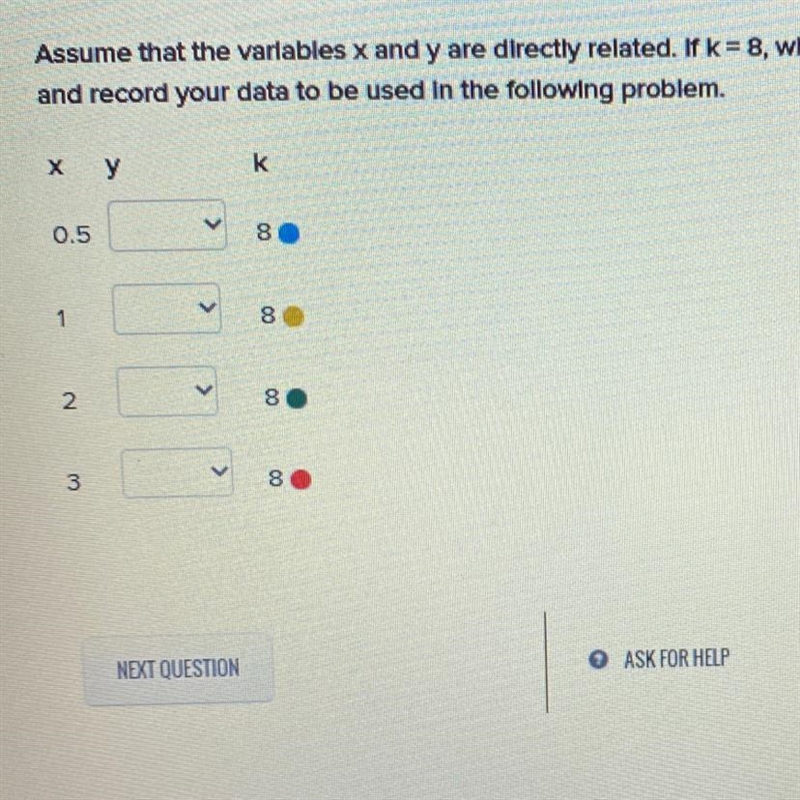 Assume that the variables x and y are directly related. If k = 8, what is the value-example-1