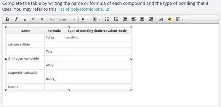 Complete the table by writing the name or formula of each compound and the type of-example-1