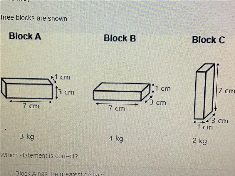 Three blocks are shown. Which statement is correct? Block A has the greatest density-example-1