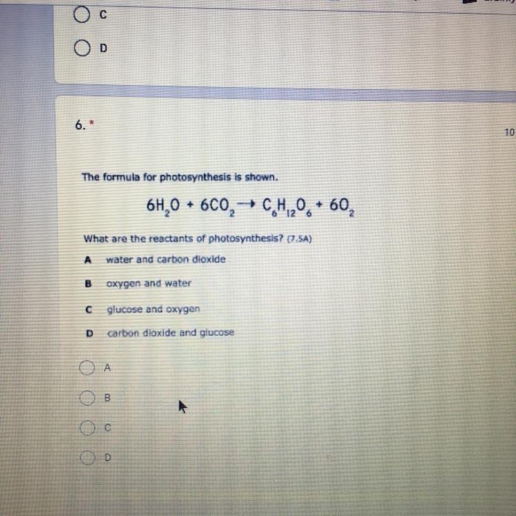 The formula for photosynthesis is shown. 64,0 + 600, → CH2+ 60, What are the reactants-example-1