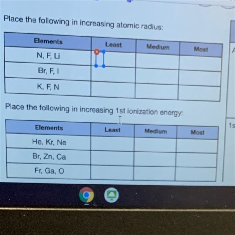 Place the following in increasing atomic radius: Least to most-example-1