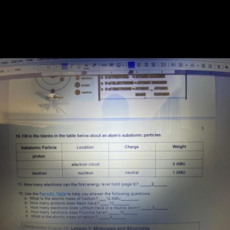 HELPPPPP 50 points 10. Fill in the blanks in the table below about an atom's subatomic-example-1