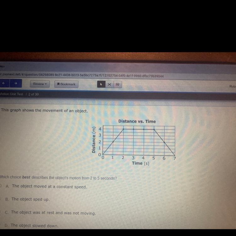 Which choice best describes the objects motion from 2 to 5 seconds-example-1