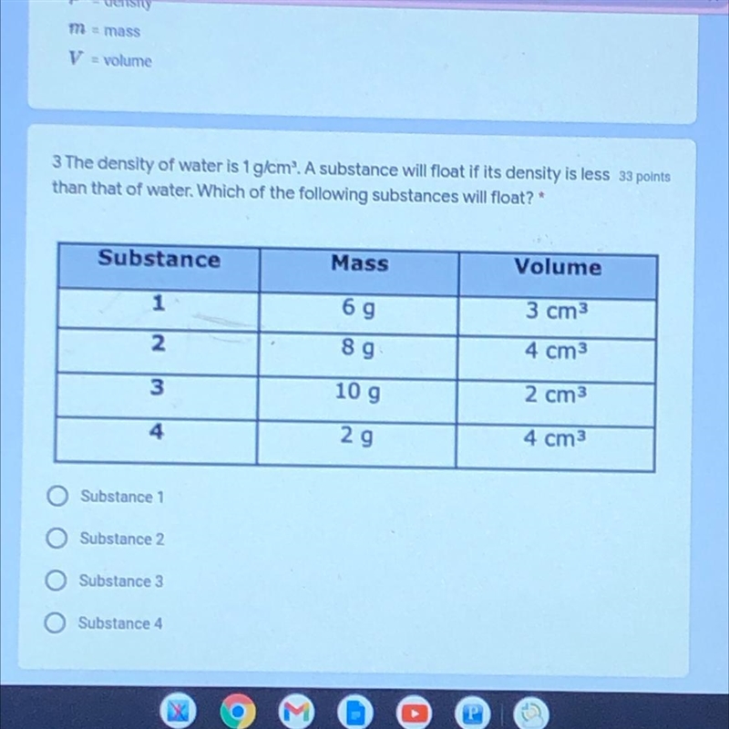 Plz HElp!!!! 3 The density of water is 1 g/cmº. A substance will float if its density-example-1