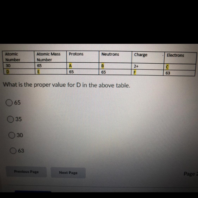 What is the proper value for D in the above table. A. 65 B. 35 C. 30 D. 63-example-1