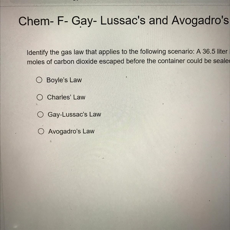 Identify the gas law that applies to the following scenario: A 36.5 liter balloon-example-1