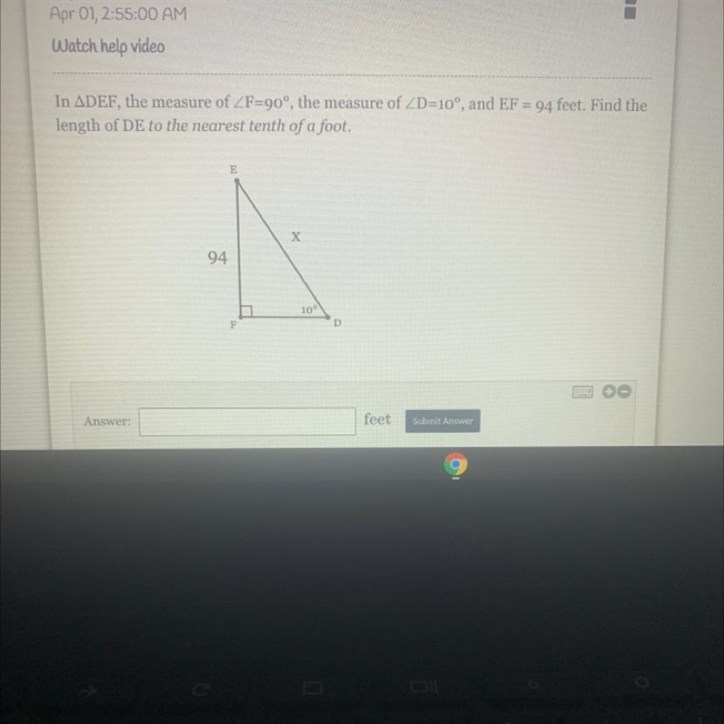 In ADEF, the measure of F=90°, the measure of ZD=10, and EF = 94 feet. Find the length-example-1