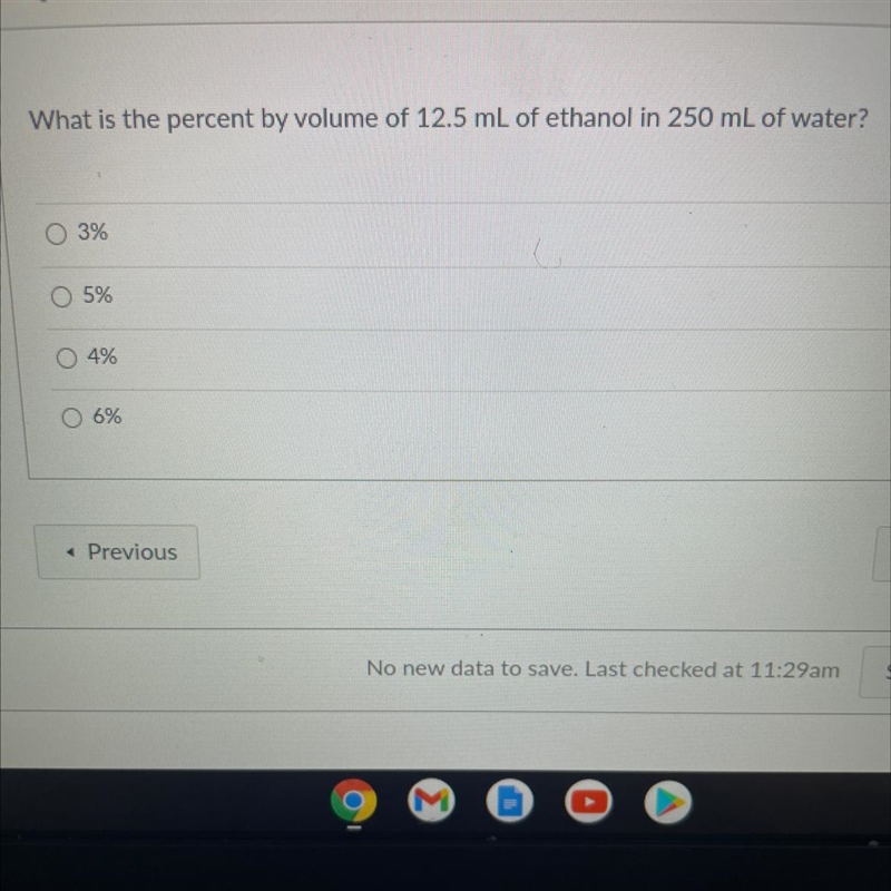 What is the percent by volume of 12.5 mL of ethanol in 250 mL of water? 3% 5% 4% 6%-example-1