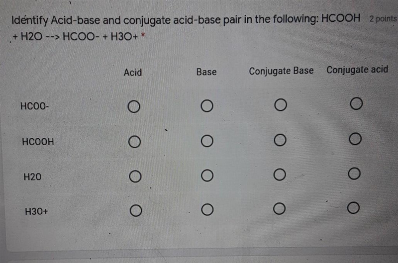 Identify Acid-base and conjugate acid-base pair in the following: HCOOH + H20 --&gt-example-1