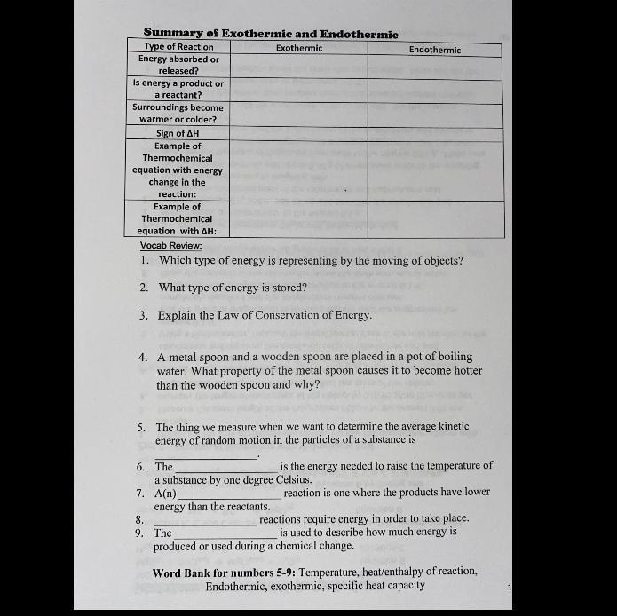 Summary of exothermic and endothermic Please help with the chart 10 questions 1. Which-example-1