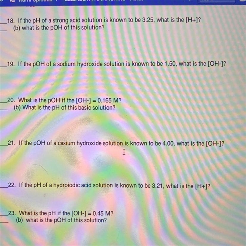 18. If the pH of a strong acid solution is known to be 3.25, what is the [H+)? (b-example-1