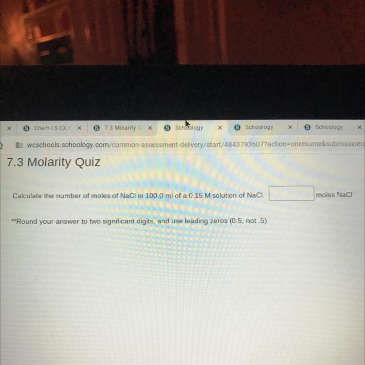 Calculate the number of moles of NaCl in 100.0 ml of a 0.15 M solution of NaCl.-example-1