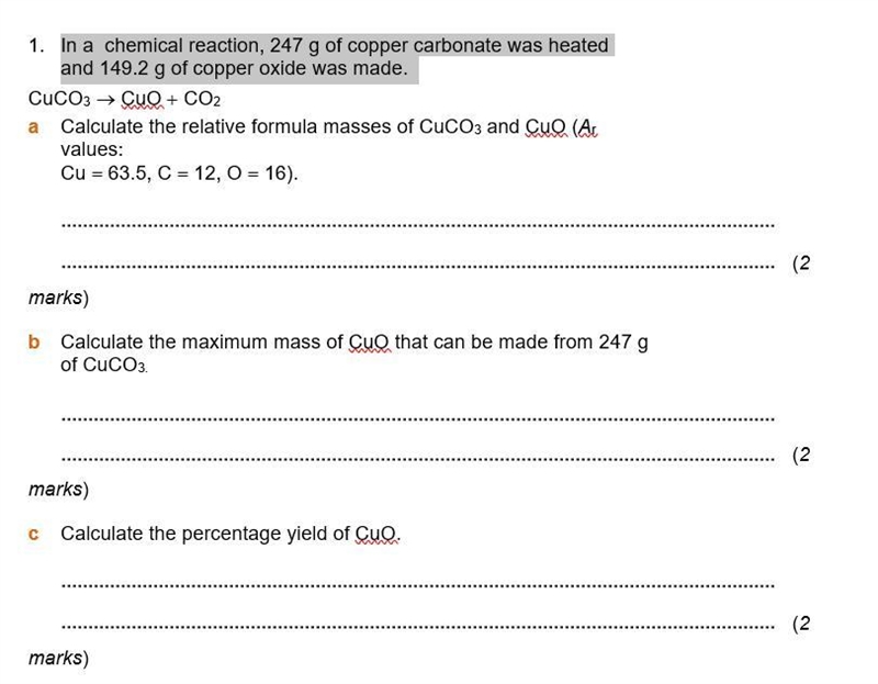 In a chemical reaction, 247 g of copper carbonate was heated and 149.2 g of copper-example-1