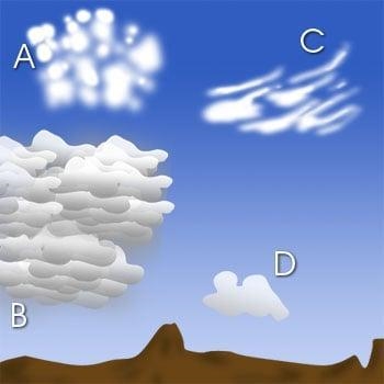 Which of the clouds shown would indicate a possible future rain storm? A) A B) B C-example-1