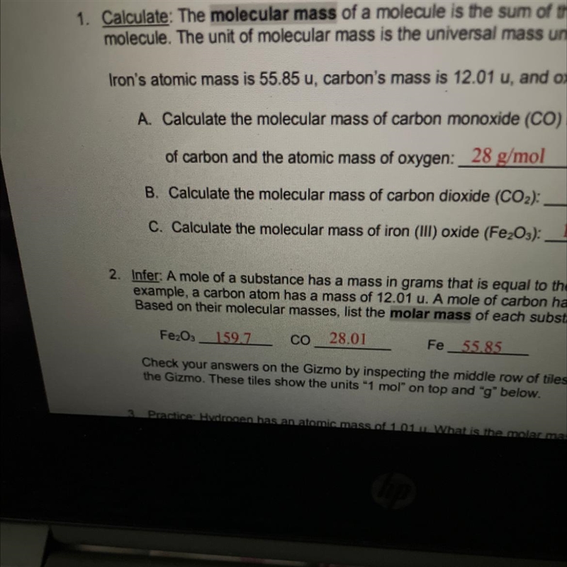 Calculate the molecular mass of iron (Ill) oxide (Fe,O3)-example-1