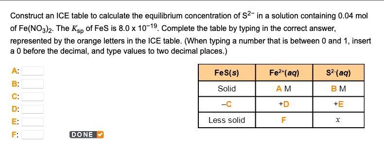 Construct an ICE table to calculate the equilibrium concentration of S2− in a solution-example-1