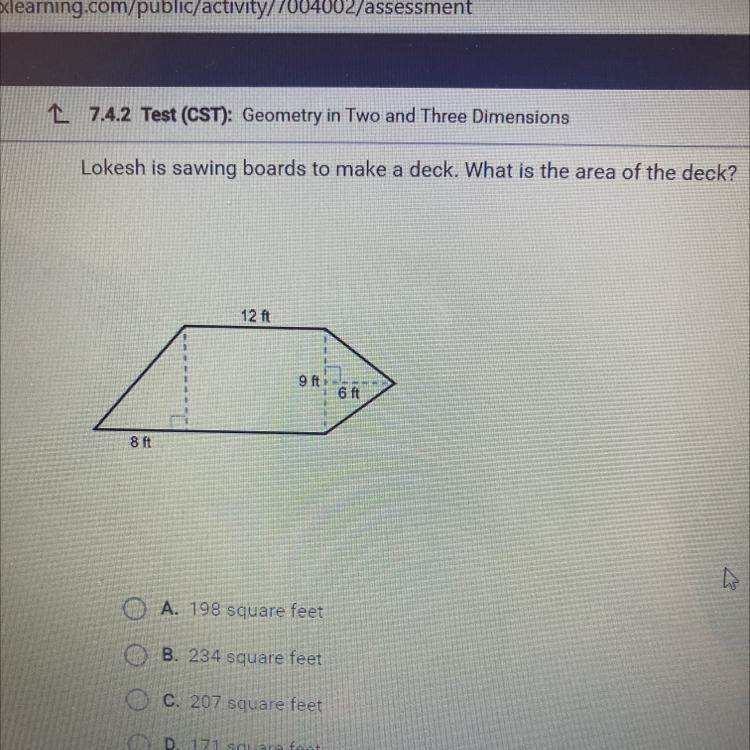 Lokesh is sawing boards to make a deck. What is the area of the deck? 12 ft 9 ftil-example-1