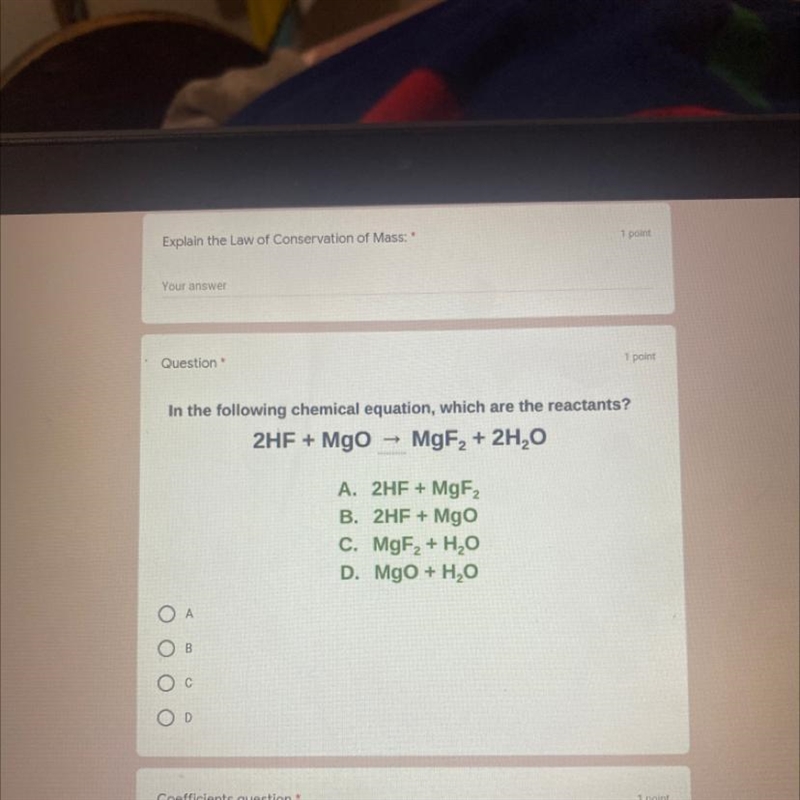 In the following chemical equation, which are the reactants? 2HF + Mgo MgF2 + 2H20 &gt-example-1