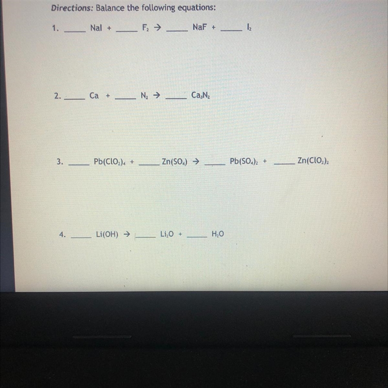 See photo please. I need help on balancing equations.-example-1