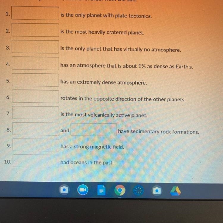 Use the words Mercury, Venus, Earth or Mars to fill in the blanks-example-1