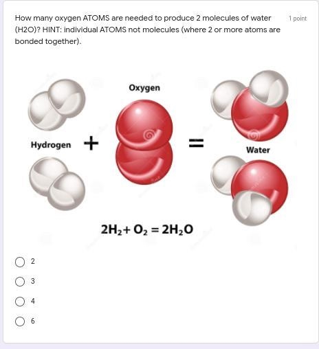 How many oxygen ATOMS are needed to produce 2 molecules of water (H2O)?-example-1