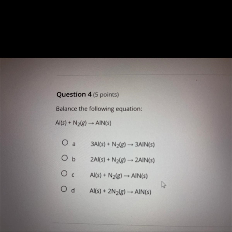 Balance the following equation: Al(s) + N2(g) → AIN(S)-example-1