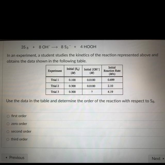 3S8 + 8 OH- + 8 S3 + 4 HOOH In an experiment, a student studies the kinetics of the-example-1