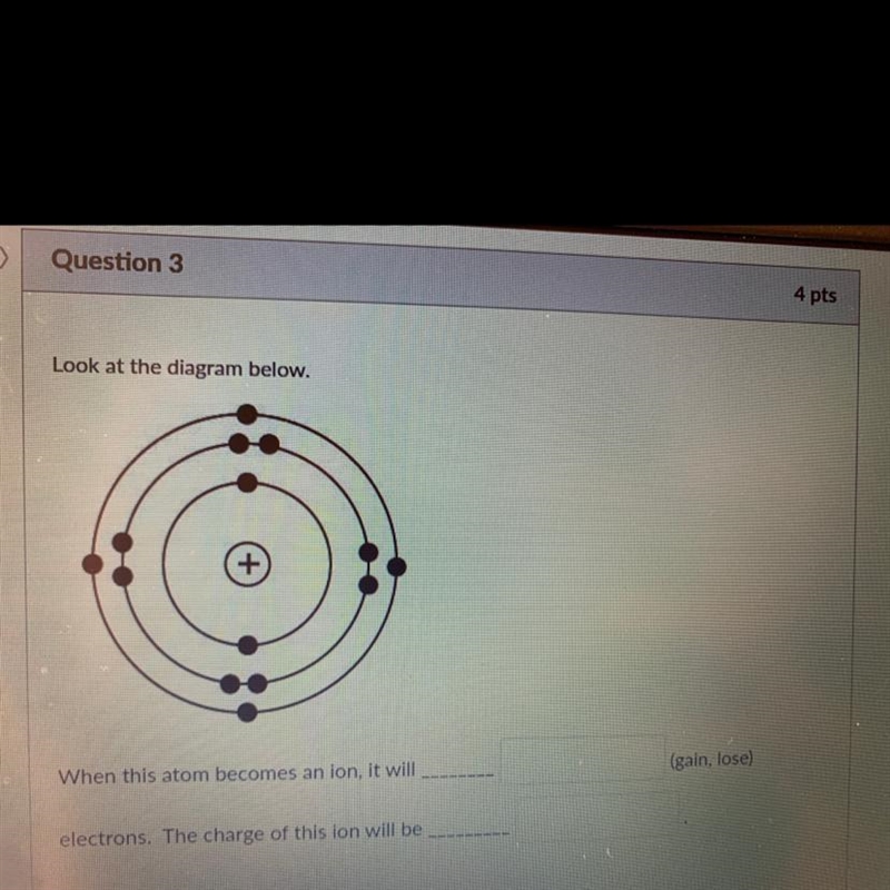 Look at the diagram below. (+ When this atom becomes an ion, it will (gain, lose) electrons-example-1