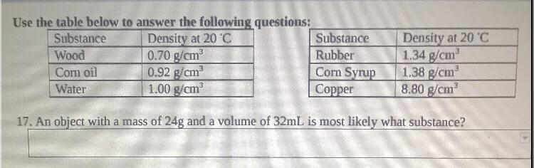 An object with a mass of 24g and a volume of 32mL is most likely what substance?-example-1