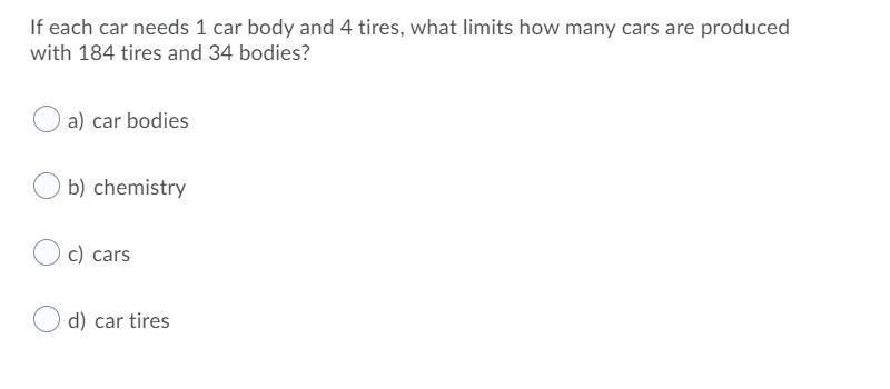 If each car needs 1 car body and 4 tires, what limits how many cars are produced with-example-1