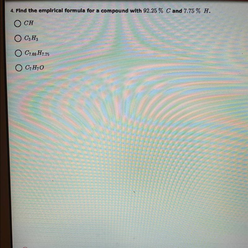 Find the empirical formula for a compound with 92.25 % Cand 7.75 % H. Please help-example-1