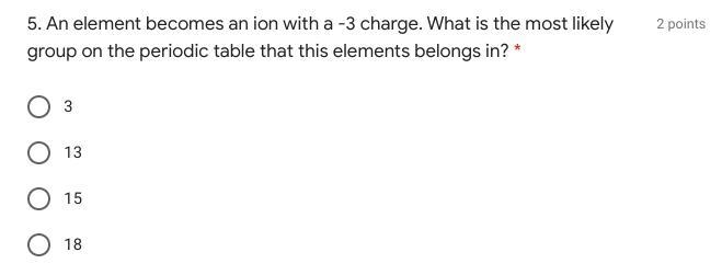 5. An element becomes an ion with a -3 charge. What is the most likely group on the-example-1