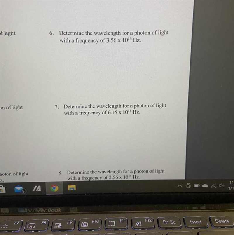 6. Determine the wavelength for a photon of light with a frequency of 3.56 x 1016 Hz-example-1