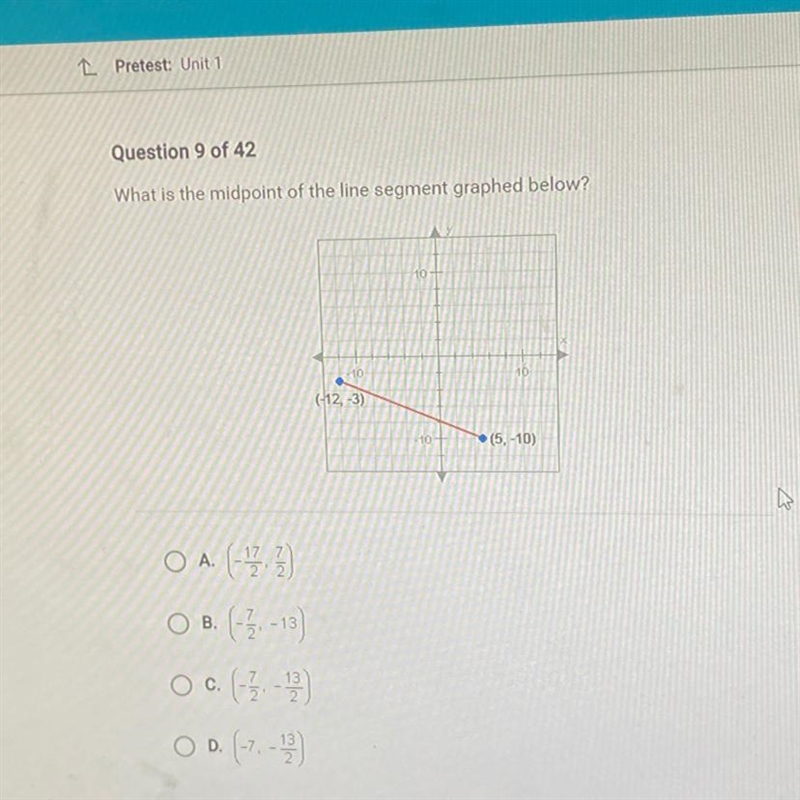 What is the midpoint of the line segment graphed below? 10 10 10 (-12,3) 10 (5.-10) 7 O-example-1