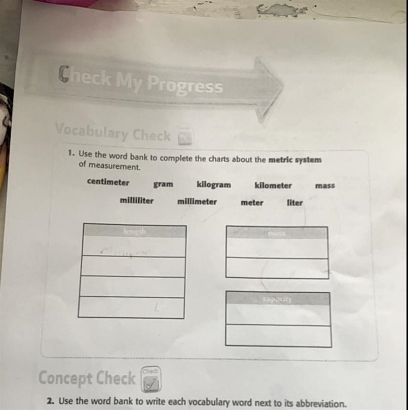 Use the word bank to complete the charts about the metrics system measurement-example-1