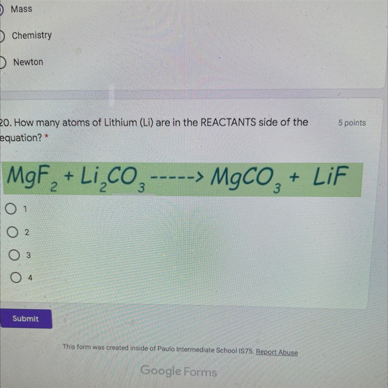 20. How many atoms of Lithium (Li) are in the REACTANTS side of the equation?-example-1