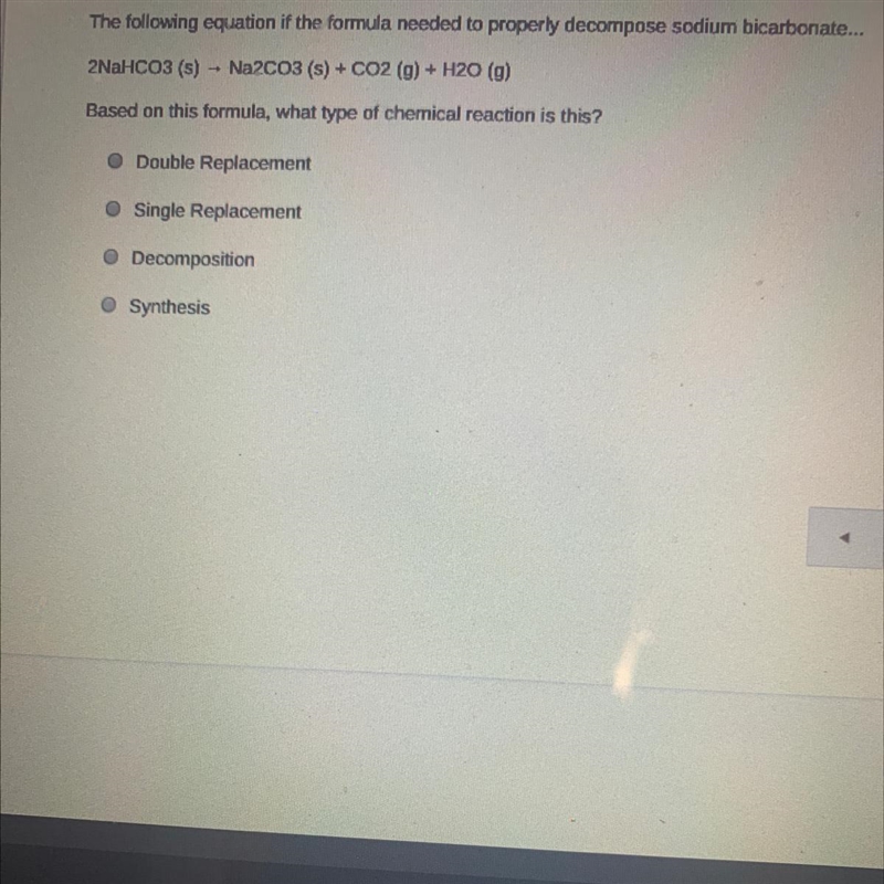 The following equation if the formula needed to properly decompose sodium bicarbonate-example-1