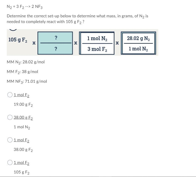 Determine the correct set-up below to determine what mass, in grams, of N2 is needed-example-1