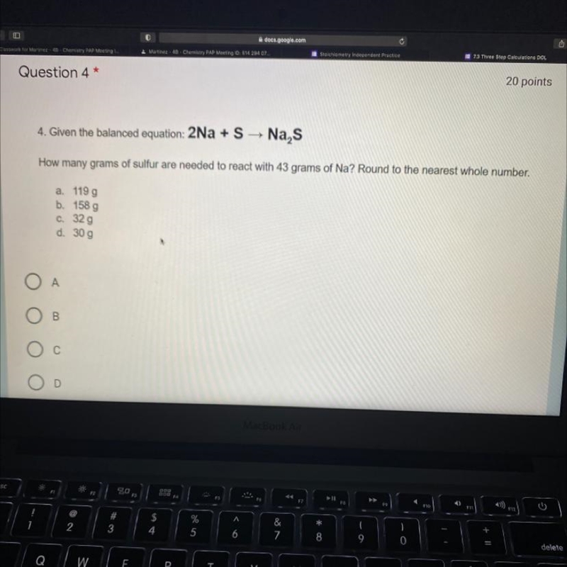 4. Given the balanced equation: 2Na + S → Na₂S How many grams of sulfur are needed-example-1