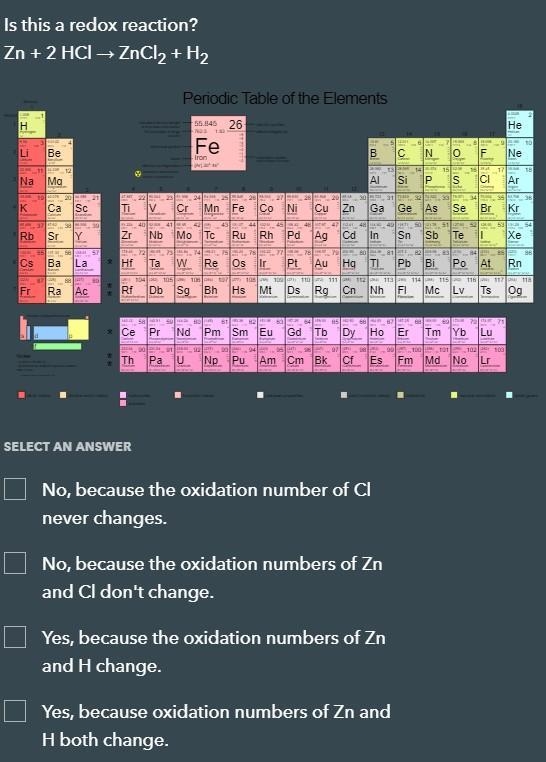 PLEASE HELP Is this a redox reaction? Zn + 2 HCl → ZnCl2 + H2-example-1