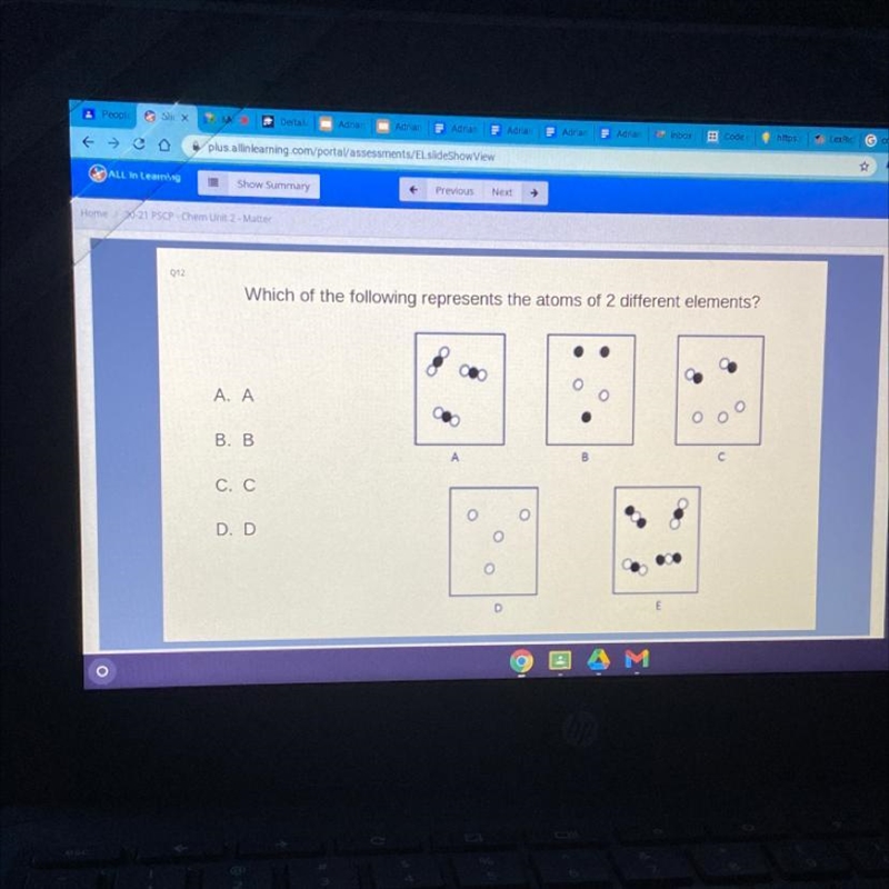 Which of the following represents the atoms of 2 different elements?-example-1