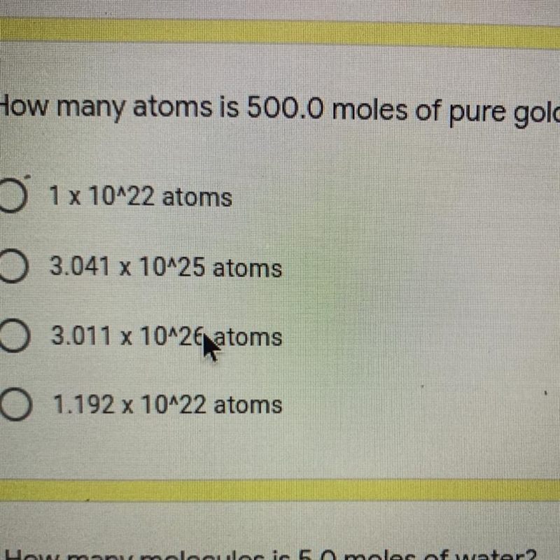 How many atoms is 500.0 moles of pure gold?-example-1