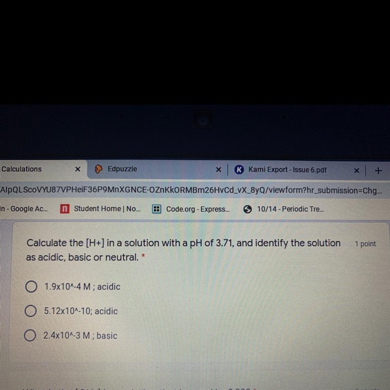 1 point Calculate the [H+] in a solution with a pH of 3.71, and identify the solution-example-1