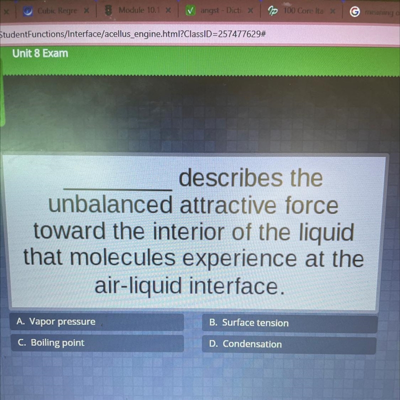 Describes the unbalanced attractive force toward the interior of the liquid that molecules-example-1