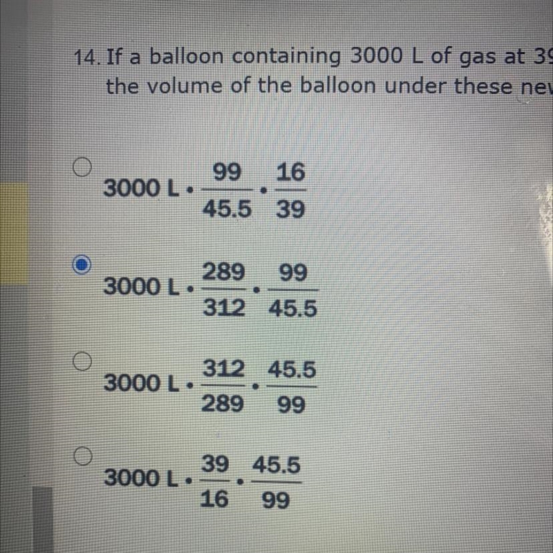 If a balloon containing 3000 L of gas at 39°C and 99 kPa rises to an altitude where-example-1