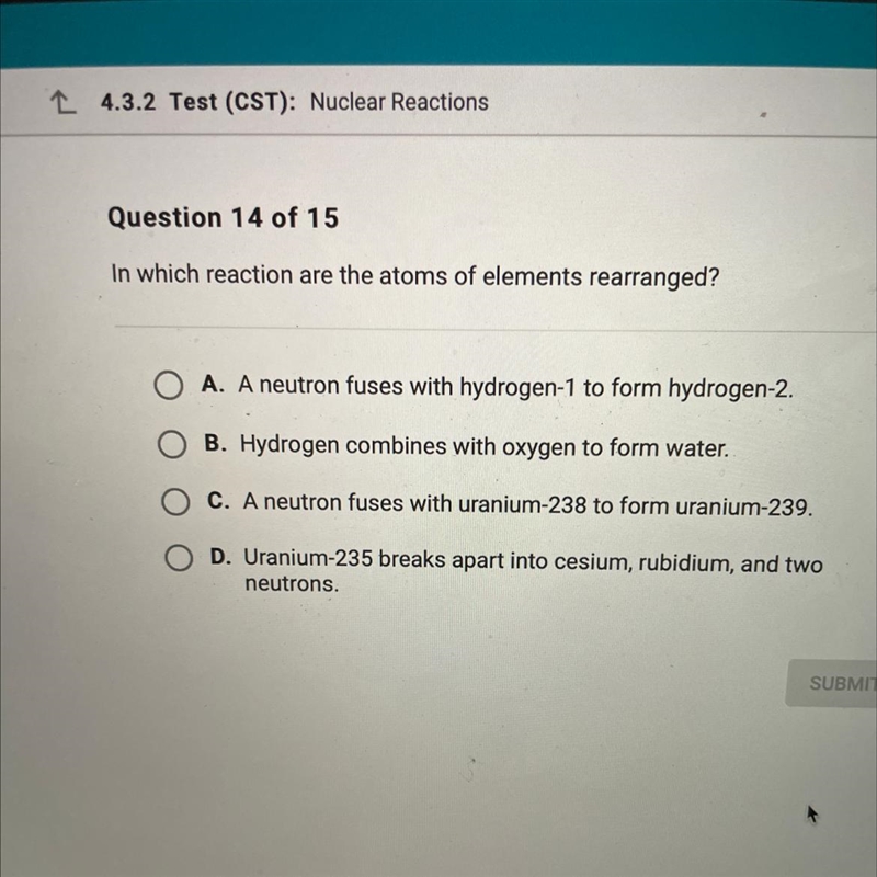 HELP ASAP In which reaction are the atoms of elements rearranged?-example-1