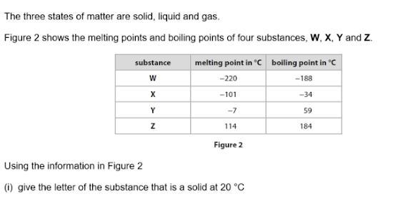 PLEASE HELP!!!!! Q1: Give the letter of a substance that is a solid at 20 °C Q2: Give-example-1