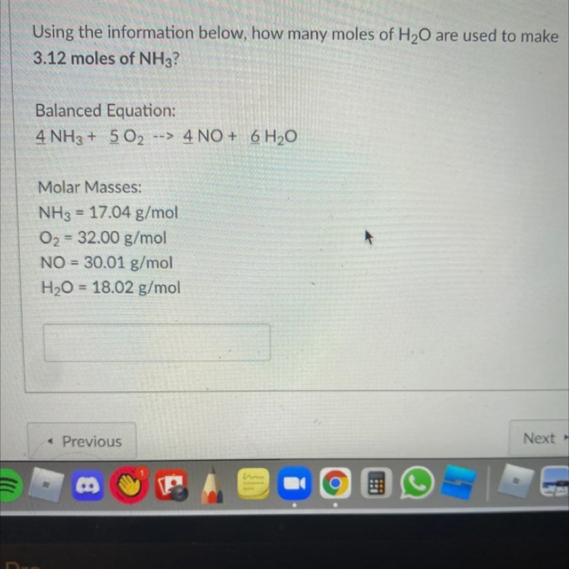 How many moles of H2O are used to make 3.12 moles of NH3-example-1